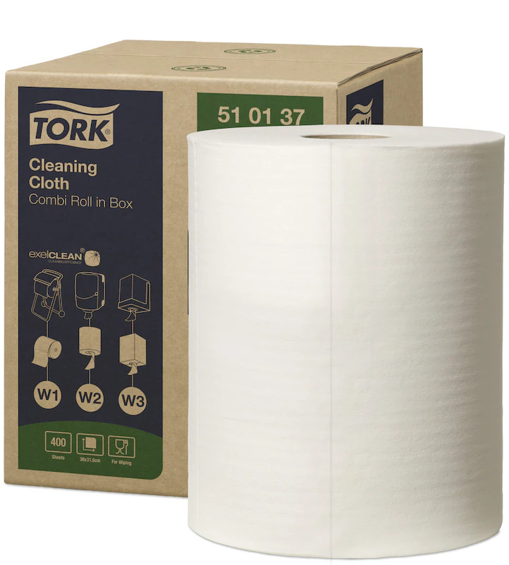 TORK utěrky v roli  jemně čisticí 400 útržků, 38x32cm, 152m, bílé,  W1 W2 W3, 510137